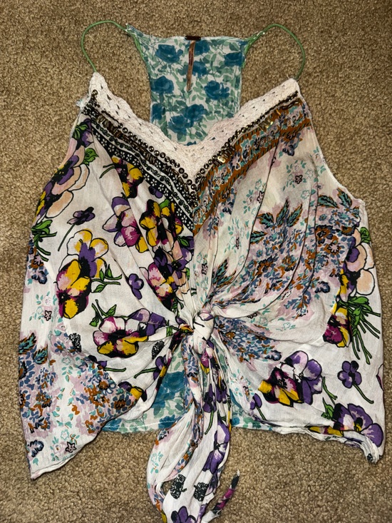 Free People Tops - Free People Y2K Floral Beaded Crochet Tie Front Boho Tunic Top